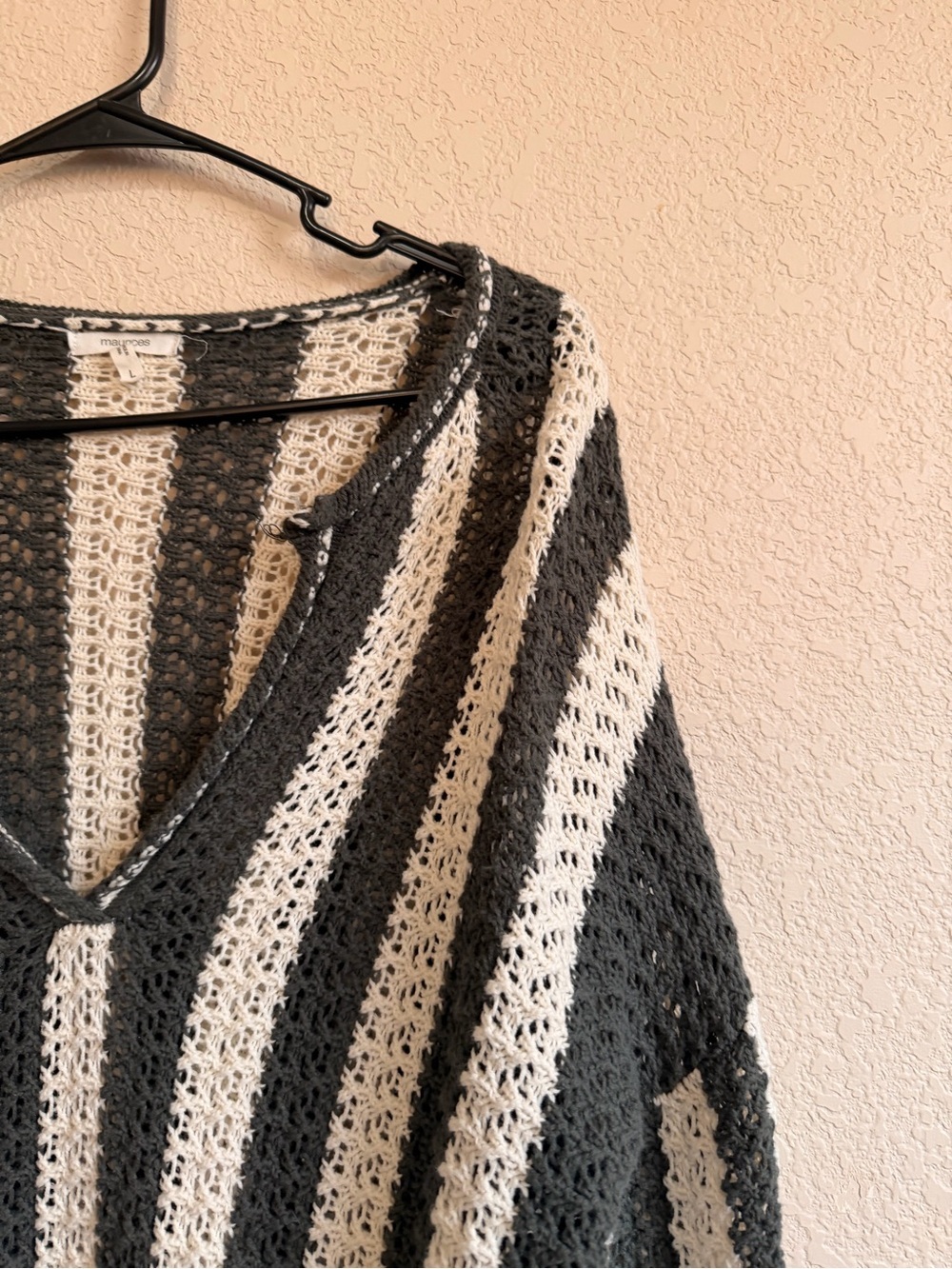 Maurices Women’s Green & Cream Striped Crochet V-Neck Pullover - Picture 3 of 8
